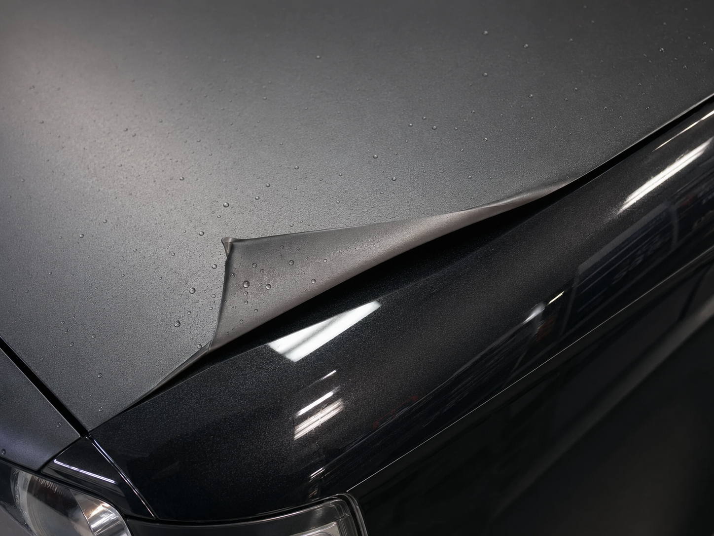 Vinyl wrap film peeled back revealing original paint underneath