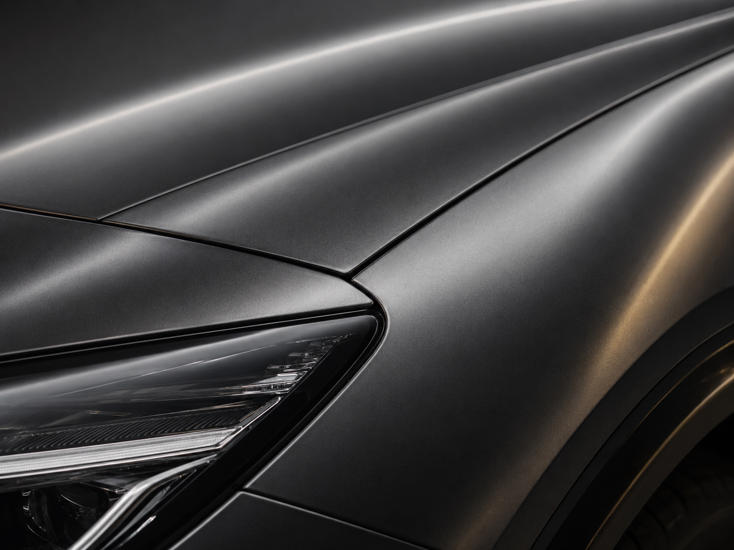 Matte black wrapped luxury coupe in a detailing studio